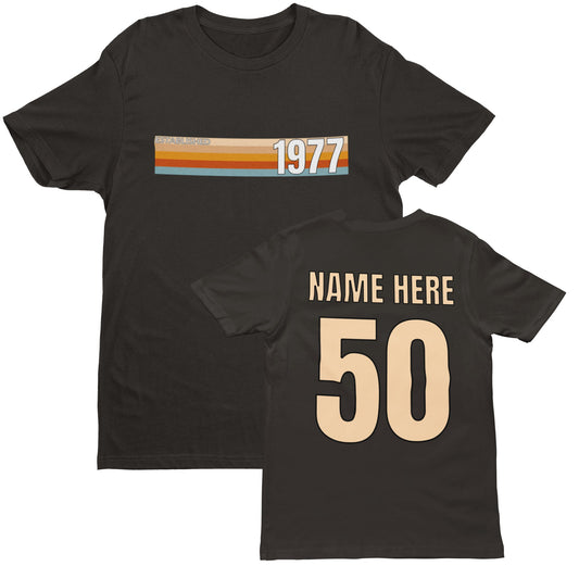 Personalised Established 1977 50th birthday T-shirt in Black – front design and custom name above 50 on back