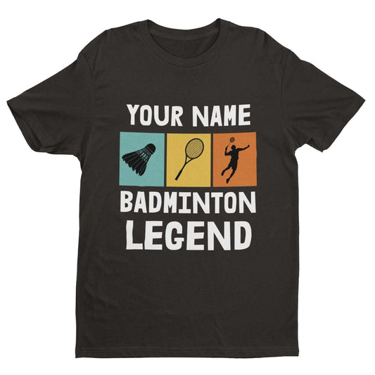 Kids' personalised badminton legend T-shirt with custom name for player fan.