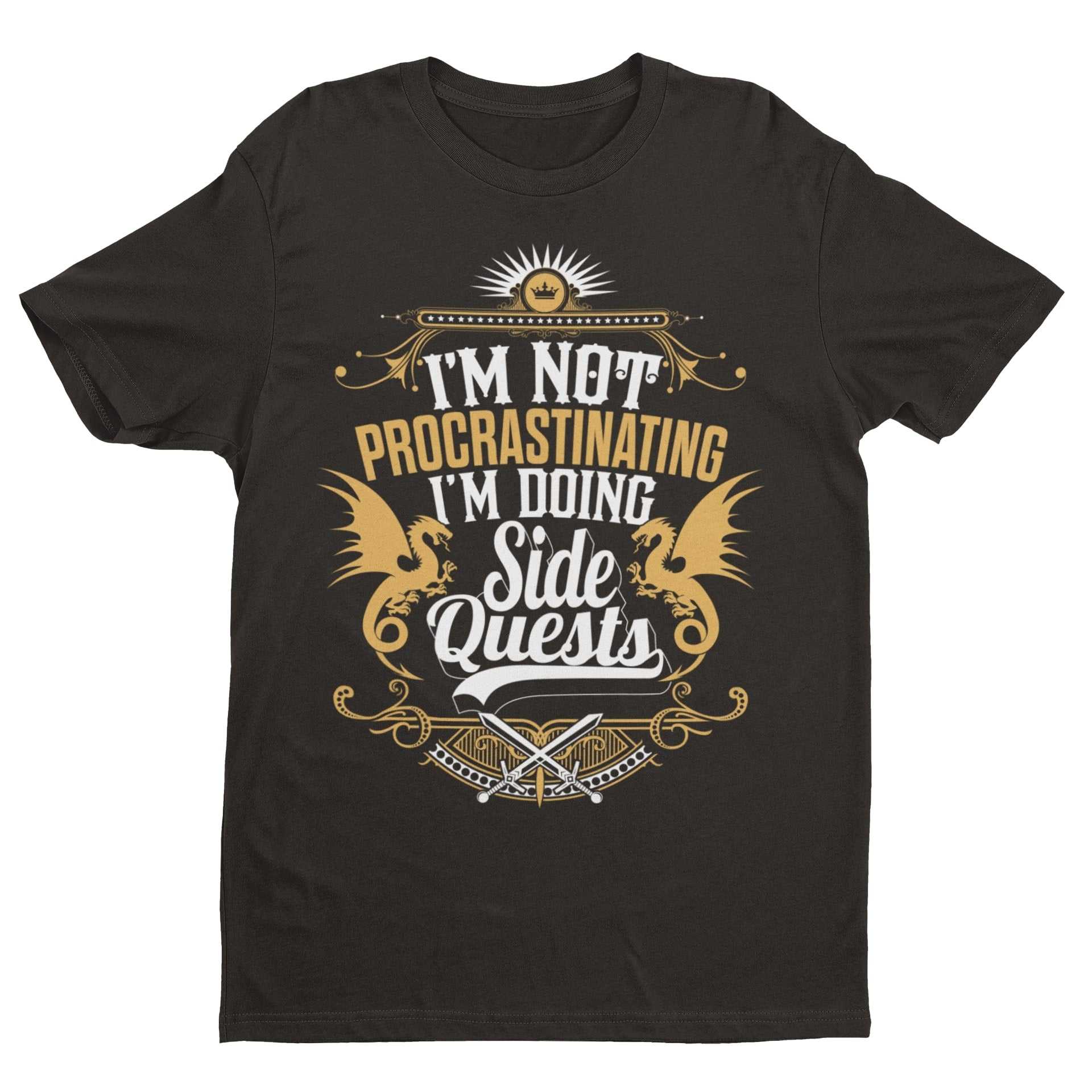 Unisex funny gamer T-shirt with "I’m Not Procrastinating, I’m Doing Side Quests" slogan, ideal RPG gaming gift.