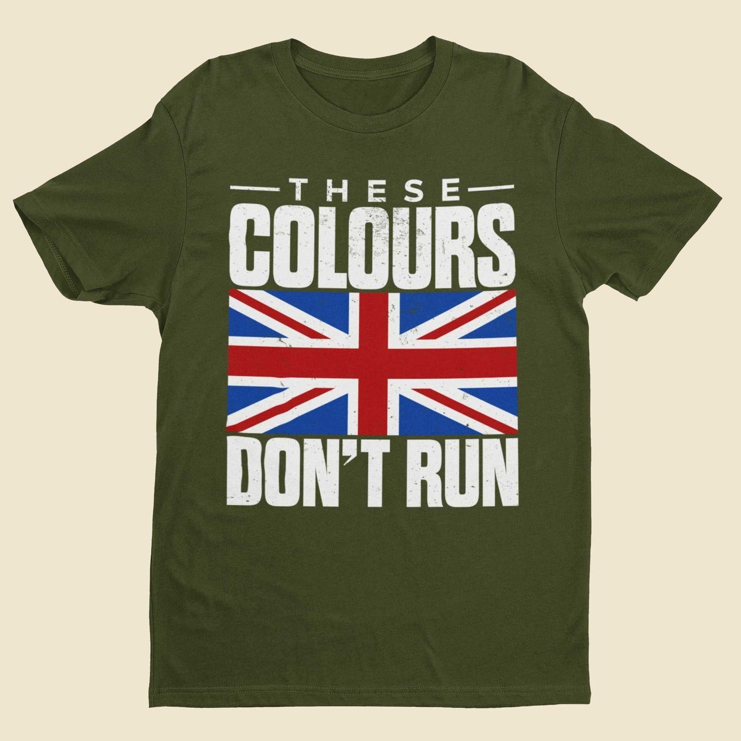 Distressed Union Jack t-shirt with "These Colours Don’t Run" slogan, military green.