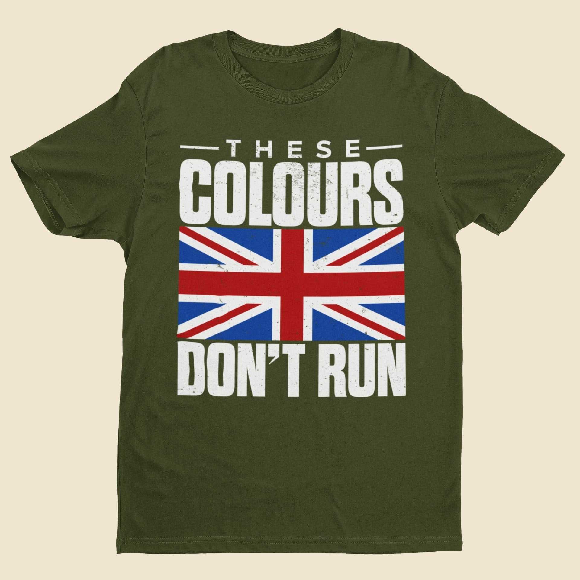 Distressed Union Jack t-shirt with "These Colours Don’t Run" slogan, military green.