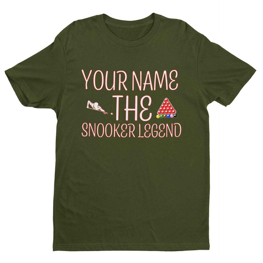 Green t-shirt with "Your Name - The Snooker Legend" text and snooker graphics.