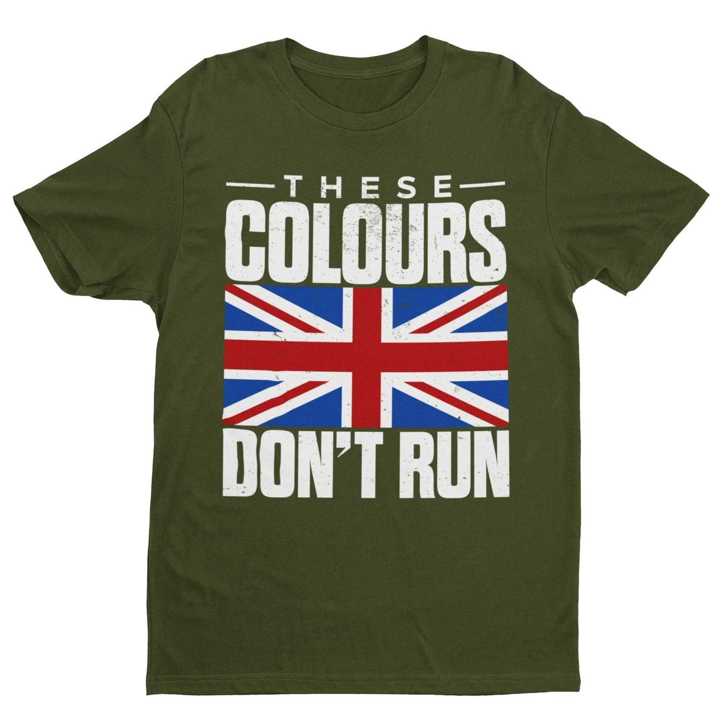 Distressed Union Jack T-shirt with bold "These Colours Don’t Run" text in military green.