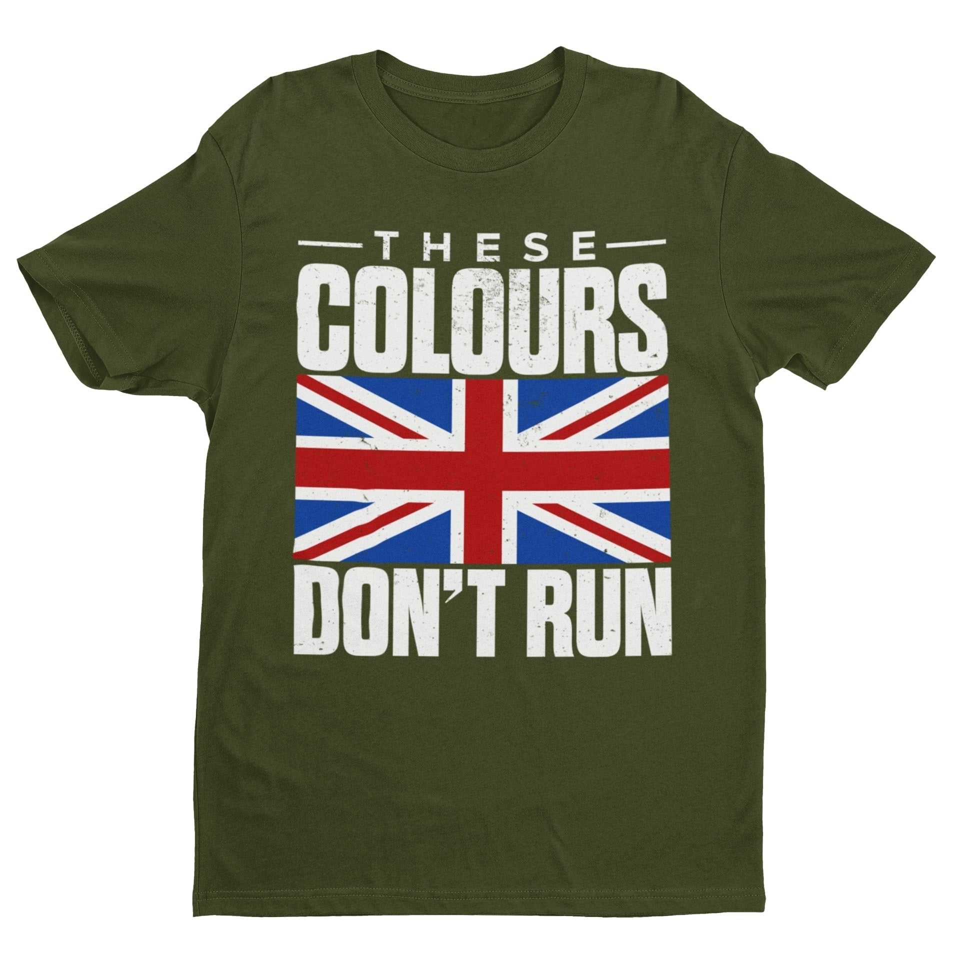 Distressed Union Jack T-shirt with bold "These Colours Don’t Run" text in military green.