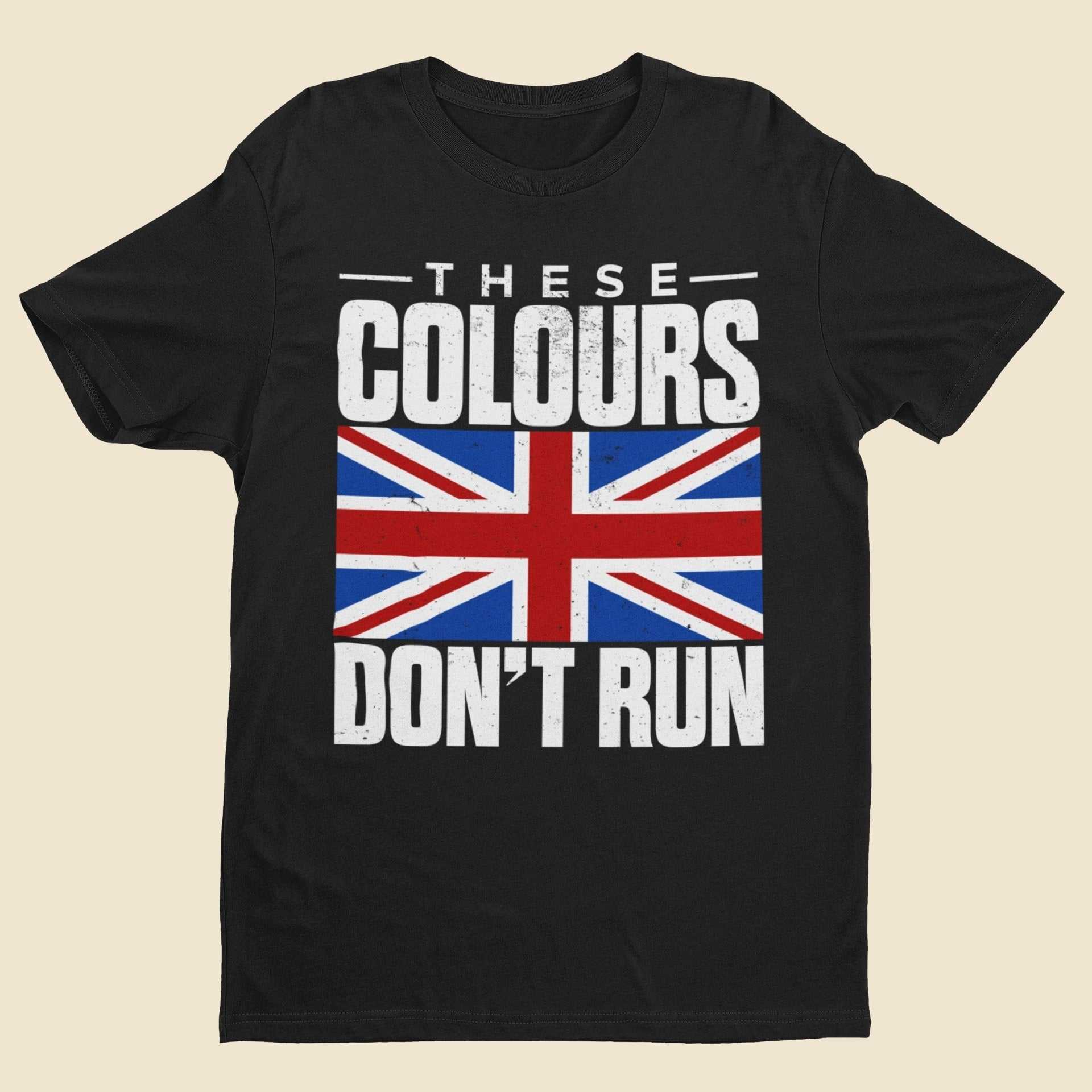 Distressed Union Jack "These Colours Don’t Run" T-shirt in black, UK patriotic tee.