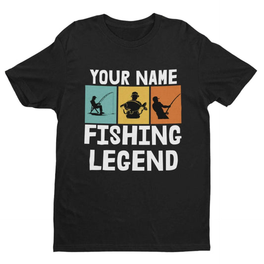 Personalised "Your Name – FISHING LEGEND" T-Shirt for Anglers with fishing graphics.