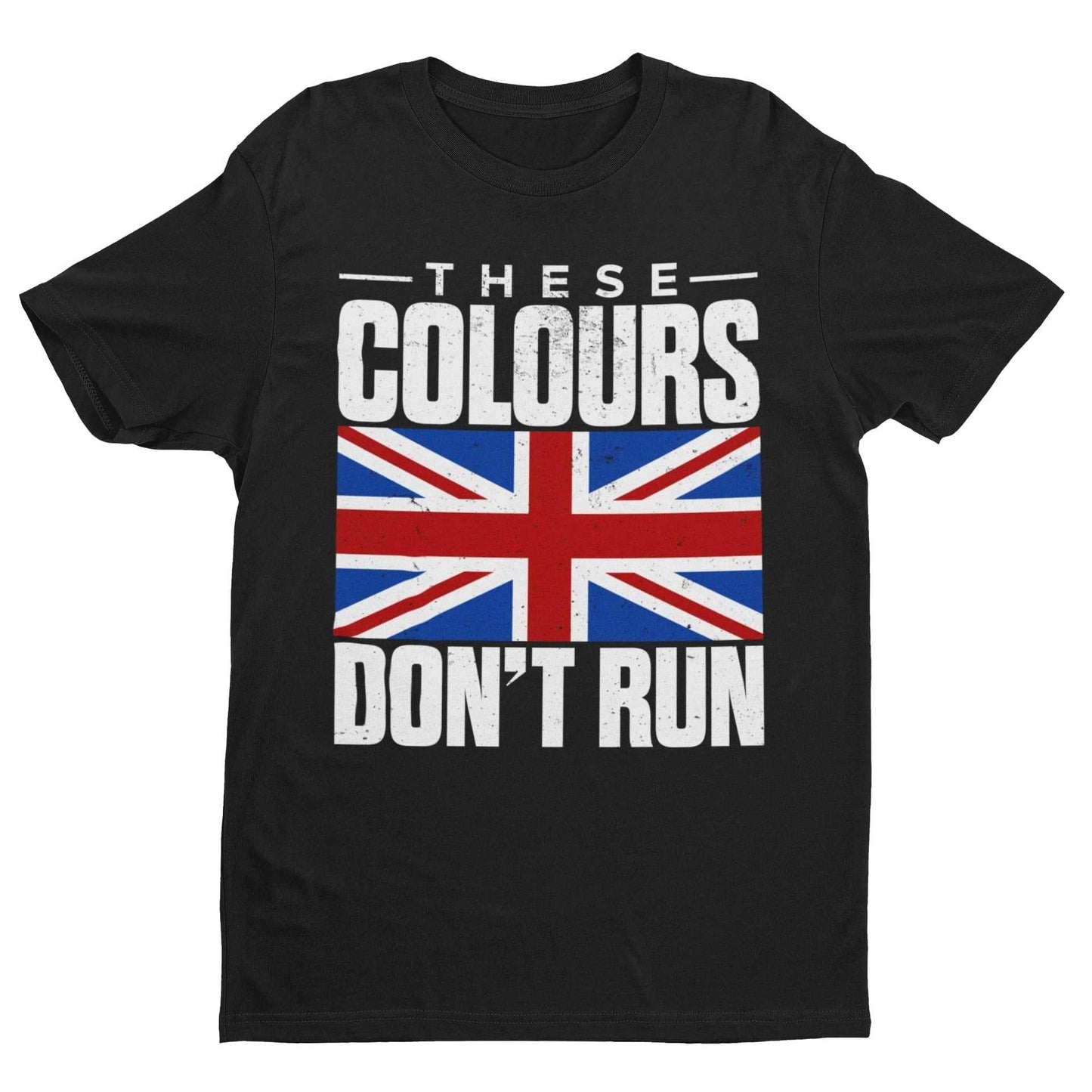 Black T-shirt with distressed Union Jack and "These Colours Don’t Run" slogan.