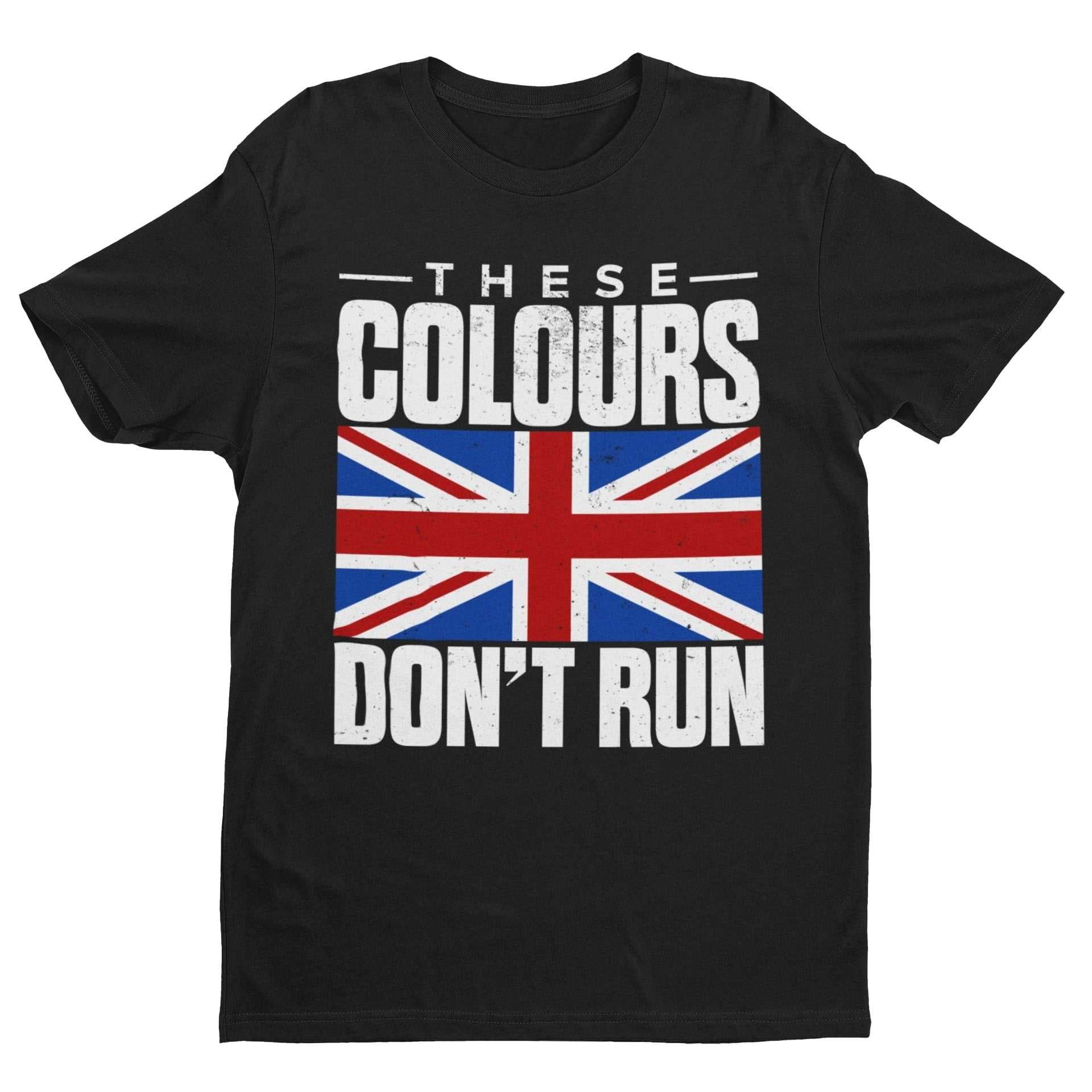 Black T-shirt with distressed Union Jack and "These Colours Don’t Run" slogan.