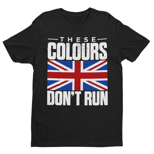 Black T-shirt with distressed Union Jack and "These Colours Don’t Run" slogan.