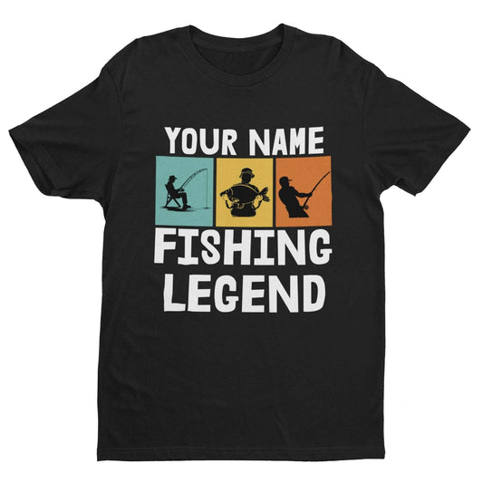 Kids' personalised 'Fishing Legend' T-shirt with custom name, ideal gift for young anglers.