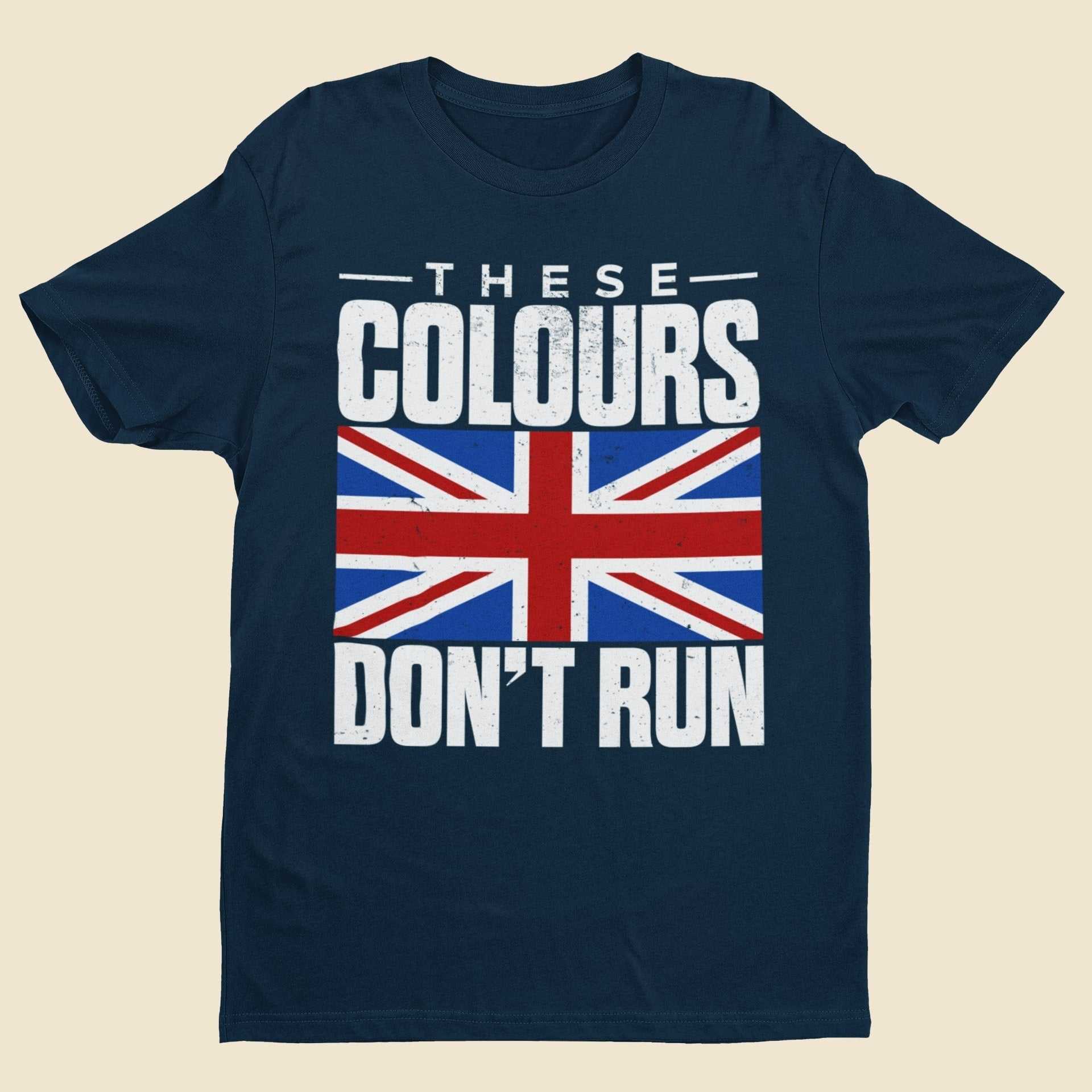 Distressed Union Jack patriotic t-shirt with "These Colours Don’t Run" message.