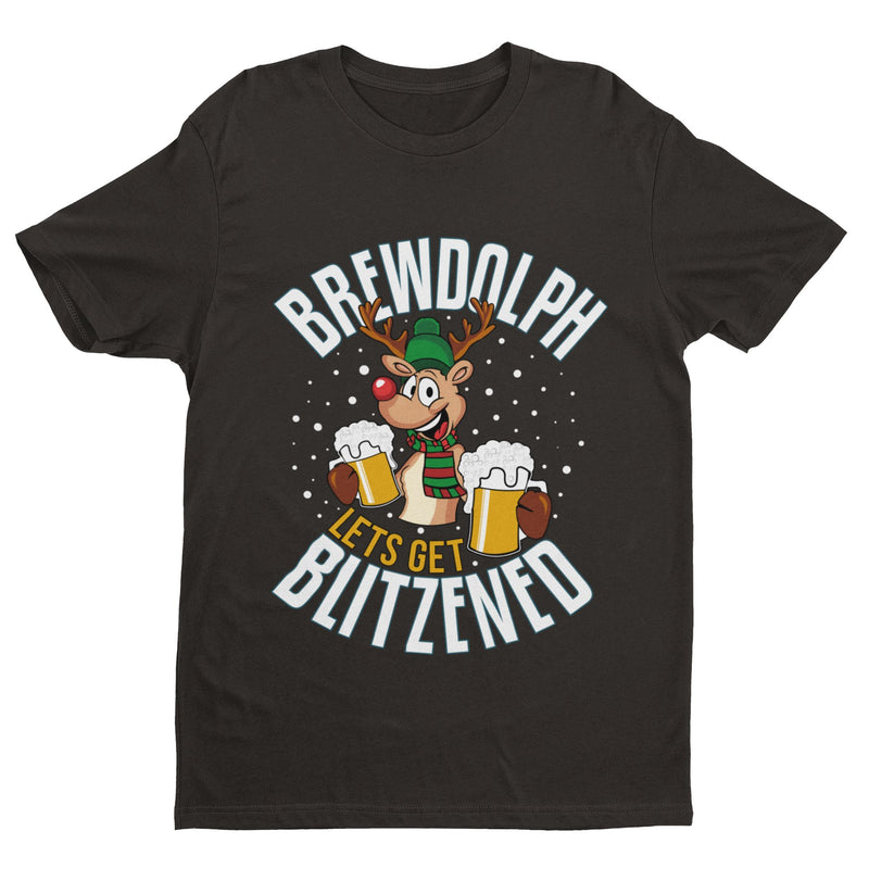 Funny Christmas T Shirt Brewdolph Lets Get Blitzened Rudolph Reindeer Drinking - Galaxy Tees