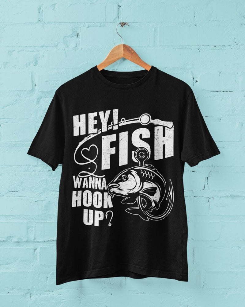 Funny Fishing T Shirt HEY FISH WANNA HOOK UP ? Gift For Fisherman Dad Angling - Galaxy Tees