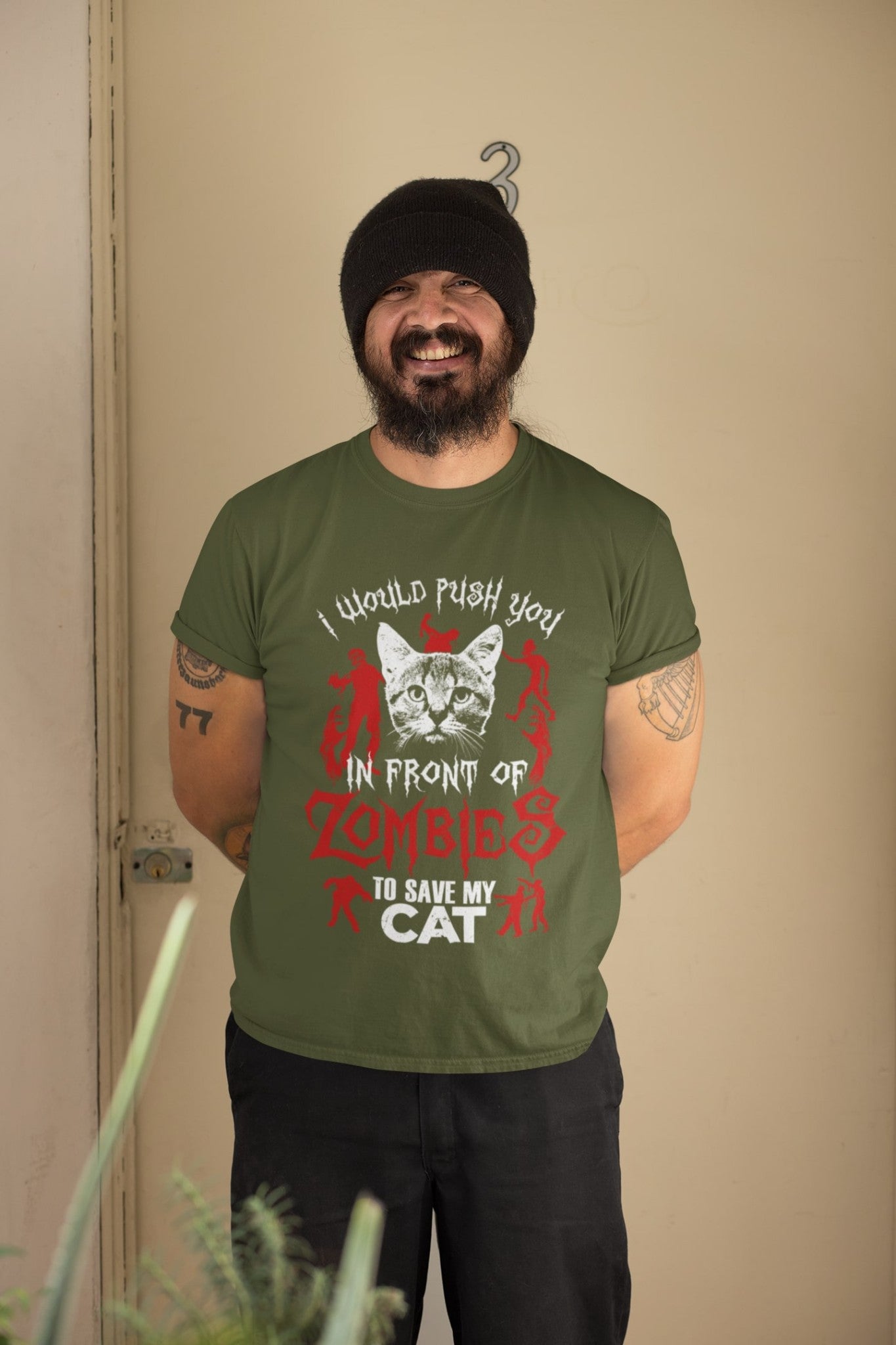 Cat Pet Lover GiftFunny T Shirt I Would Push You In Front Of Zombies To Save My Cat Pet 