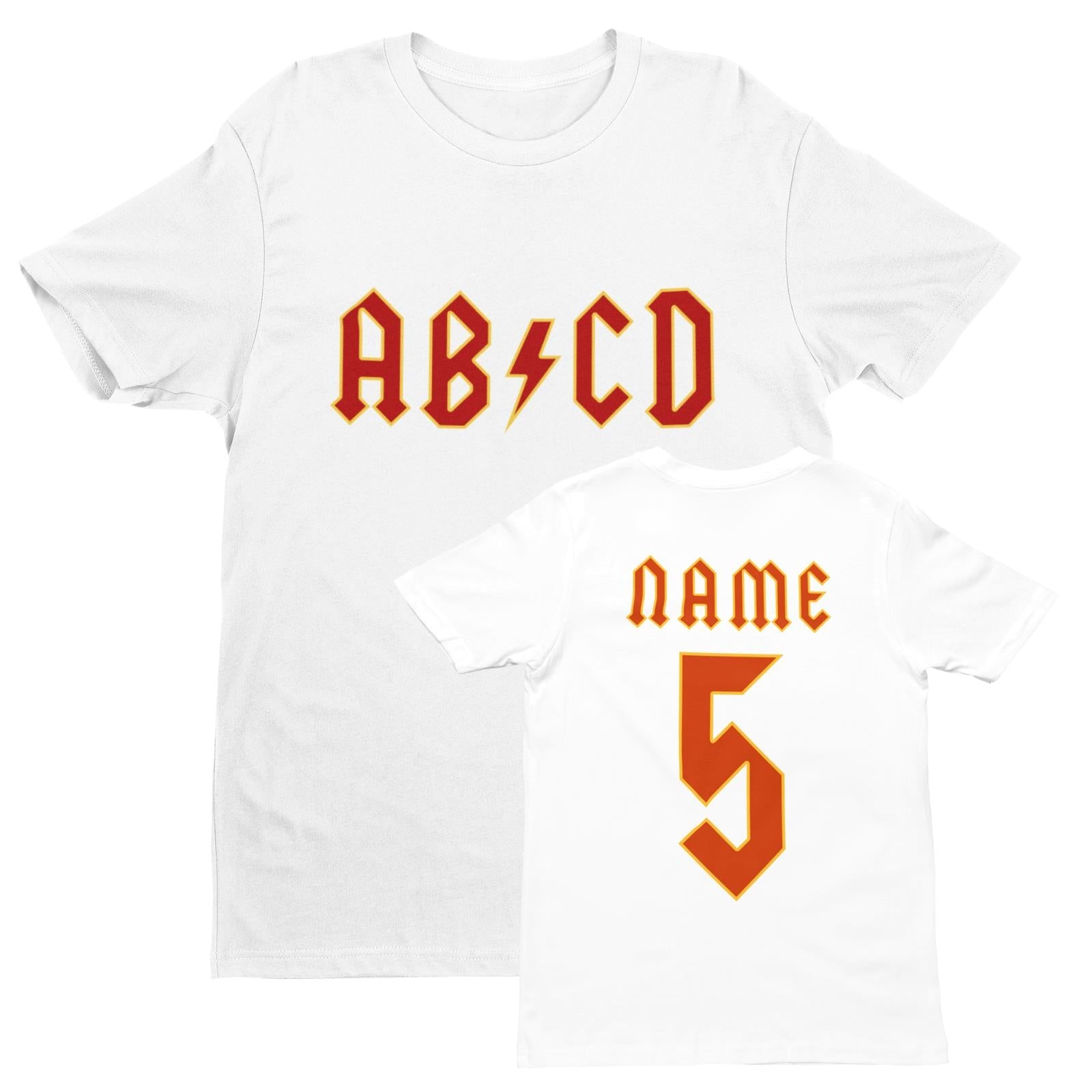 PERSONALISED Kids AB-CDPERSONALISED Kids AB-CD T Shirt in Retro Rock Font with NAME & NUMBER 