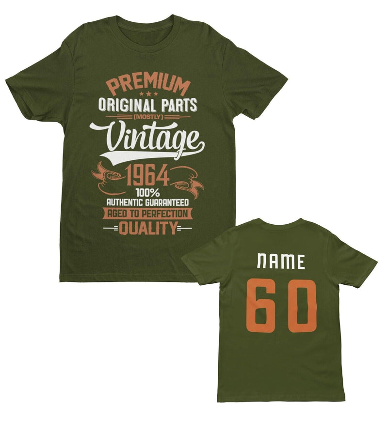 Personalised Vintage 1964 Original Parts 60th Birthday 2024 T Shirt Name on Back - Galaxy Tees