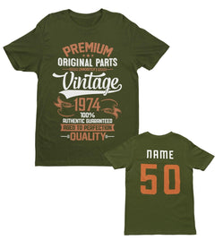 Personalised Vintage 1974 Original Parts 50th Birthday 2024 T Shirt Name on Back - Galaxy Tees