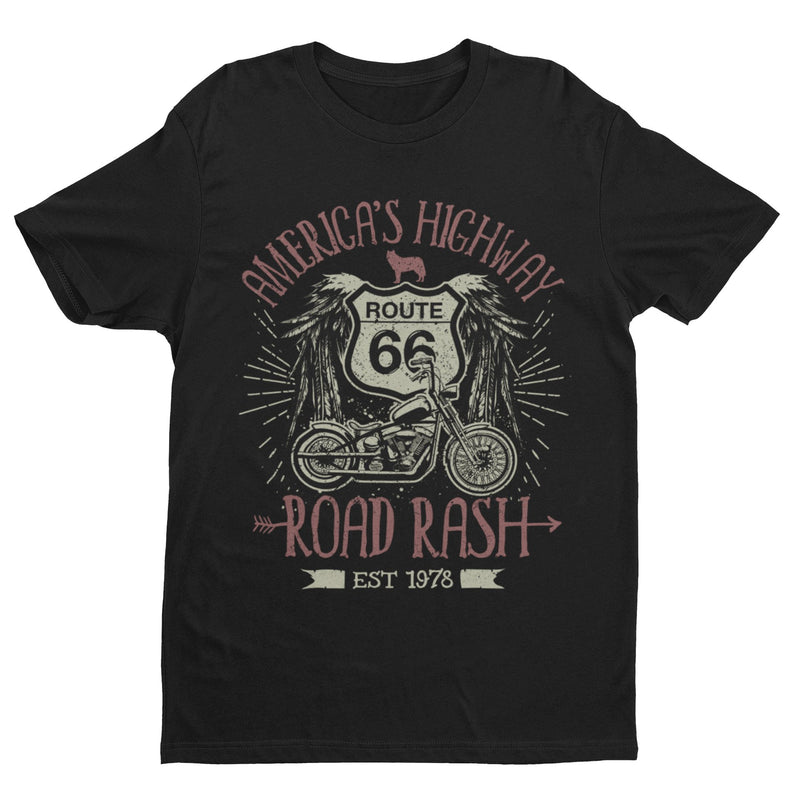 Route 66 America's Highway Road Rash Biker T Shirt Motorcycle Classic Design - Galaxy Tees